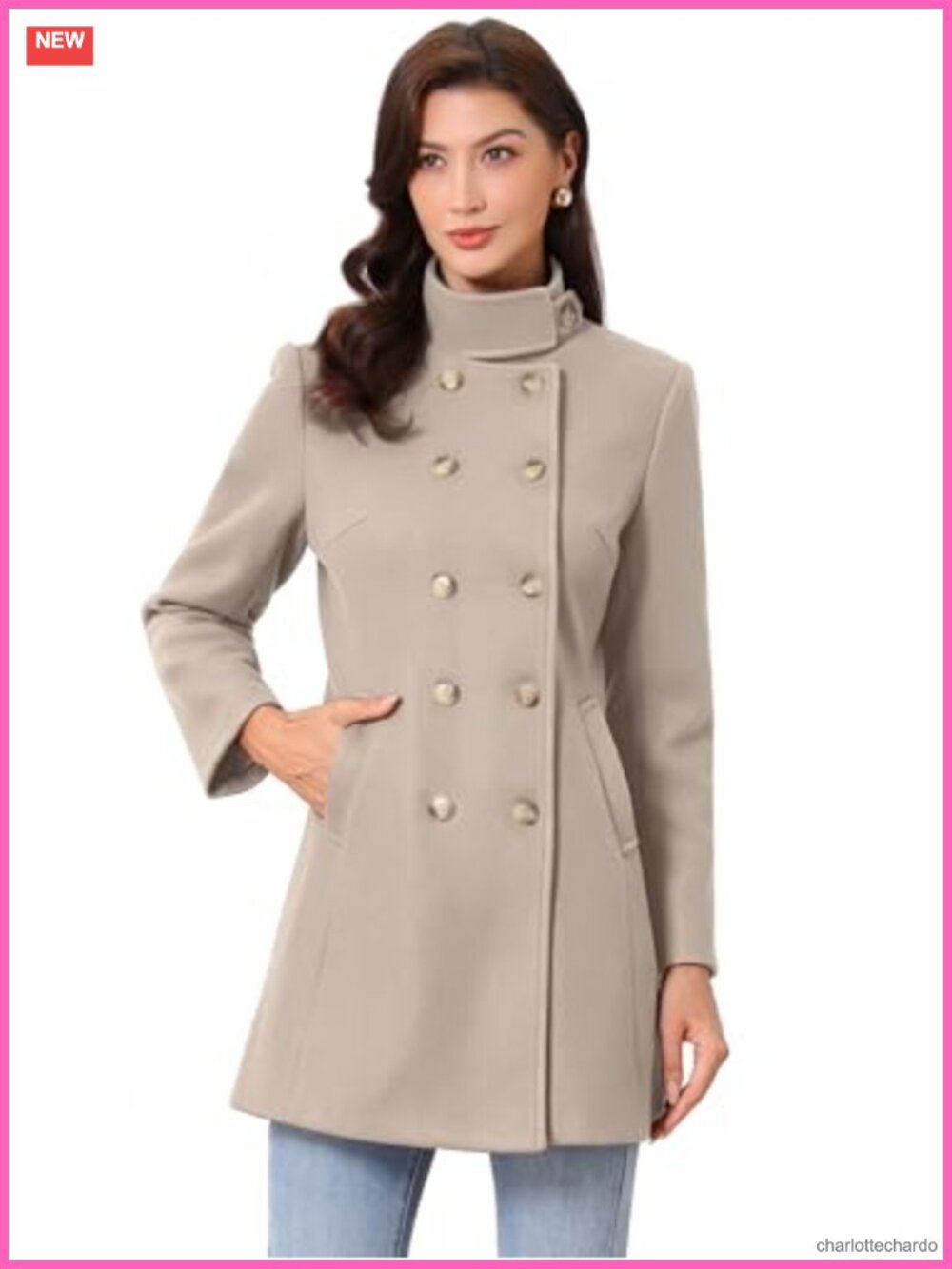 Women's Pea Coat Overcoat Wool Blend Stand Collar Double Breasted Fully Lined